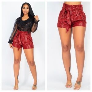 New On Trend Brick Red High Waist Belt Paper Bag Faux Leather Snakeskin Shorts